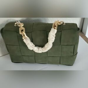 Faux suede green leather handbag with gold strap